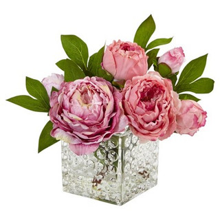 New - Peony in Glass Vase Pink - Nearly Natural