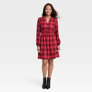 New - Women's Long Sleeve Plaid A-Line Dress - Knox Rose Red S