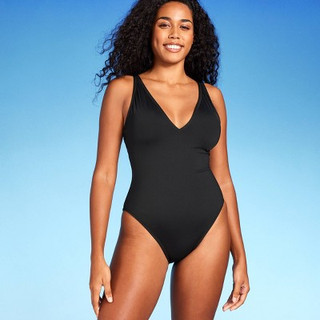 New - Women's Shaping Plunge High Leg One Piece Swimsuit - Shade & Shore Black L