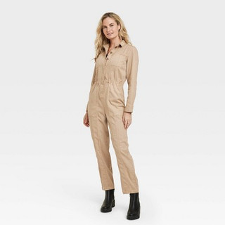 New - Women's Button-Front Coveralls - Universal Thread Tan 8