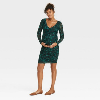 New - Long Sleeve Mesh Mini Maternity Bodycon Dress - Isabel Maternity by Ingrid & Isabel Green Floral XS