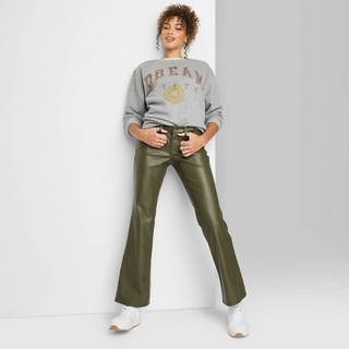 New - Women's Low-Rise Faux Leather Flare Pants - Wild Fable Olive Green 12