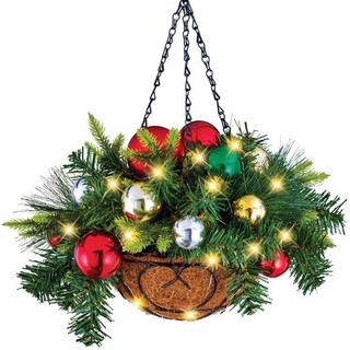 New - Collections Etc Lighted Ornament Hanging Basket Arrangement with Hook 12 X 12 X 17