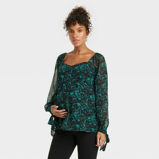 New - Long Sleeve Corsetry Woven Maternity Shirt - Isabel Maternity by Ingrid & Isabel Aqua Green Floral XL