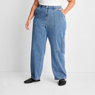 New - Women's Cargo Patchwork Straight Pant - Future Collective with Reese Blutstein Blue Denim 26