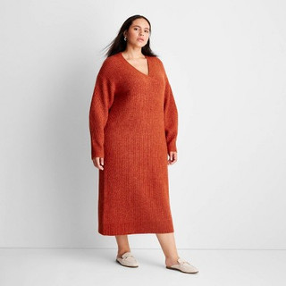 New - Women's Long Sleeve Chunky Sweater Midi Dress - Future Collective with Reese Blutstein Rust XXL