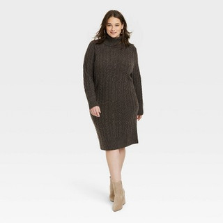 New - Women's Turtleneck Long Sleeve Cozy Sweater Dress - A New Day Brown XXL