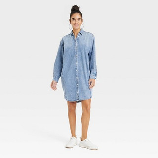 New - Women's Long Sleeve Mini Shirtdress - Universal Thread Indigo XS