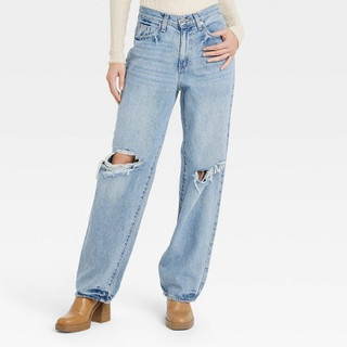 Open Box Women's Mid-Rise 90's Baggy Jeans - Universal Thread™ Medium Wash Destroy 10 Long