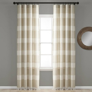 New - Set of 2 95"x40" Farmhouse Tucker Stripe Yarn Dyed Cotton Knotted Tassel Light Filtering Window Curtain Panels Taupe/White - Lush Décor
