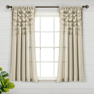 New - 63"x52" Boho Pom Pom Tassel Linen Window Curtain Panel Beige - Lush Décor
