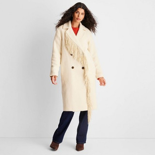 New - Women's Notched Lapel Double Breasted Fringe Coat - Future Collective with Reese Blutstein Cream S