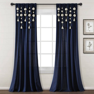 New - 95"x52" Boho Pom Pom Tassel Linen Window Curtain Panels Navy Blue - Lush Décor