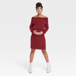 Open Box Off the Shoulder Maternity Sweater Dress- Isabel Maternity Burgundy L
