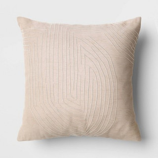 New - Oversized Geometric Patterned Metallic Embroidered Velvet Square Throw Pillow Beige - Threshold