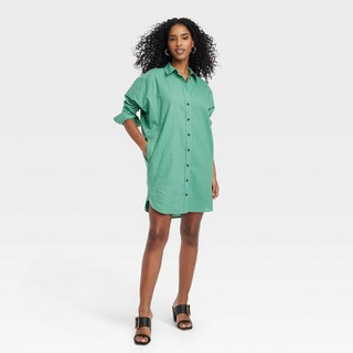 New - Women's Long Sleeve Mini Shirtdress - Universal Thread Light Green S