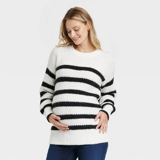 New - Cozy Statement Crew Neck Maternity Sweater - Isabel Maternity by Ingrid & Isabel White Striped XXL