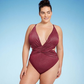 New - Women's Monokini Plunge Cut Out High Leg Lurex One Piece Swimsuit - Shade & Shore Burgundy 14