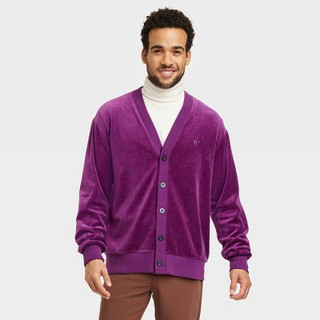 New - Houston White Adult Velour Cardigan Sweater - Purple L