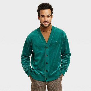 New - Houston White Adult Velour Cardigan Sweater - Green L