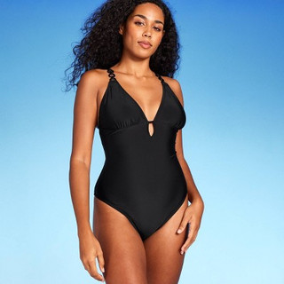 New - Women's Plunge Hardware Trim Cheeky One Piece Swimsuit - Shade & Shore Black L
