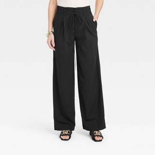 New - Women's High-Rise Wrap Tie Wide Leg Trousers - A New Day Black 8