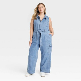 Women's Denim Cargo Jumpsuit - Universal Thread Medium Wash 26