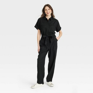 New - Women's Short Sleeve Linen Boilersuit - Universal Thread Black 0