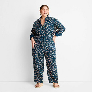 New - Women's Floral Print Long Sleeve Zip-Front Boilersuit - Future Collective with Jenny K. Lopez Teal 22