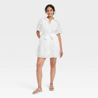 Women's Eyelet Balloon Elbow Sleeve Mini Shirtdress - A New Day White M