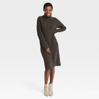 Women's Turtleneck Long Sleeve Cozy Sweater Dress - A New Day Brown XL