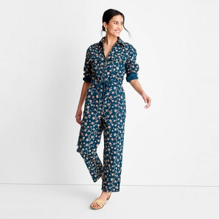 New - Women's Floral Print Long Sleeve Zip-Front Boilersuit - Future Collective with Jenny K. Lopez Teal 12