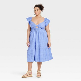 New - Women's Flutter Short Sleeve Midi A-Line Dress - Universal Thread Blue XXL