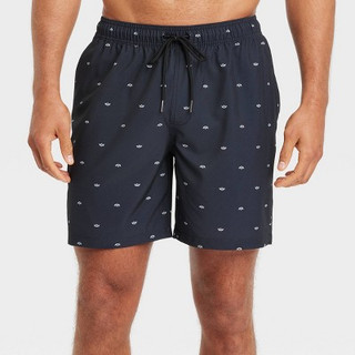 New - Men's 7" Boat Print Swim Shorts with Boxer Brief Liner - Goodfellow & Co Black S