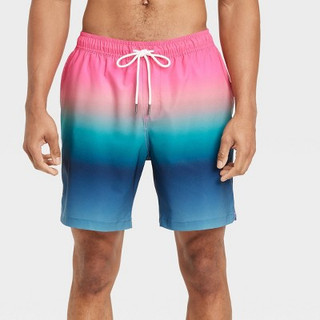 New - Men's 7" 4-Way Stretch Elevated Elastic Waist Trunk Swimsuit - Goodfellow & Co Blue/Pink L