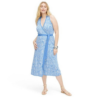New - Women's Collared Sleeveless Sea Twig Blue Sweaterknit Midi Wrap Dress - DVF M