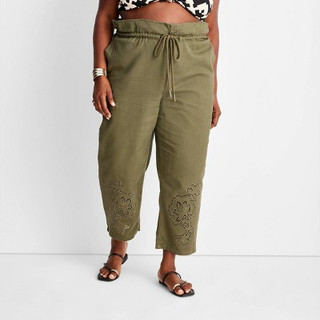 New - Women's High-Waisted Eyelet Pants - Future Collective with Jenny K. Lopez Olive Green 17