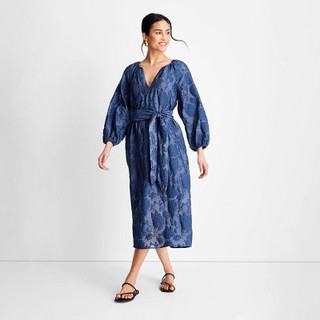 New - Women's Puff Sleeve Belted Midi Dress - Future Collective with Jenny K. Lopez Navy Blue XS