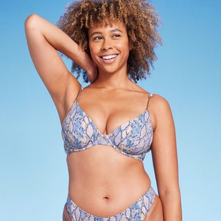 New - Women's Underwire Chain Strap Detail Bikini Top - Shade & Shore Blue Snake Print 36D