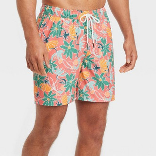 New - Men's 7" Floral Print Swim Shorts with Boxer Brief Liner - Goodfellow & Co Red XL