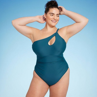 New - Women's One Shoulder Twist One Piece Swimsuit - Shade & Shore Green 24
