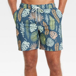 New - Men's 7" Leaf Print Swim Shorts with Boxer Brief Liner - Goodfellow & Co Navy Blue XL