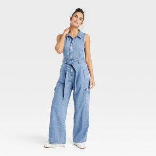 Women's Denim Cargo Jumpsuit - Universal Thread Medium Wash 0