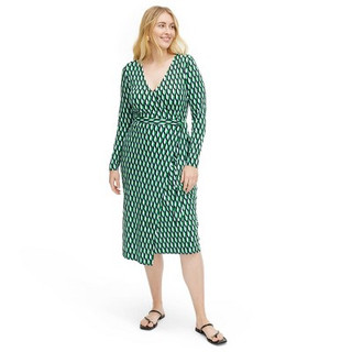 Women's Long Sleeve Midi Arrow Geo Green Wrap Dress - DVF S