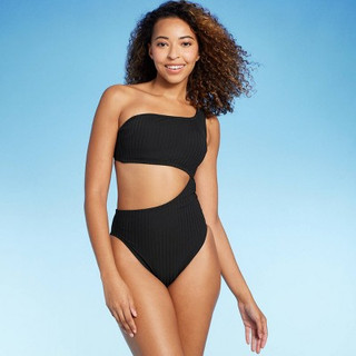 Women's Ribbed One Shoulder Cut Out One Piece Swimsuit - Shade & Shore Black XS