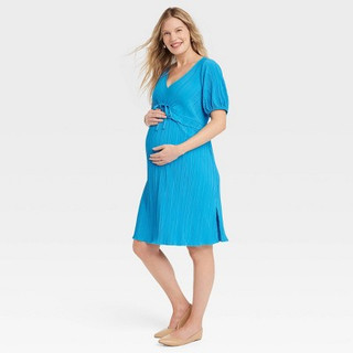 Short Sleeve Plisse Mini Maternity Empire Waist Dress - Isabel Maternity by Ingrid & Isabel Blue XL