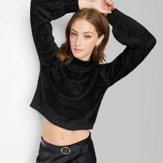 Women's Mock Turtleneck Fuzzy Boxy Pullover Sweater - Wild Fable Black Lurex XXS