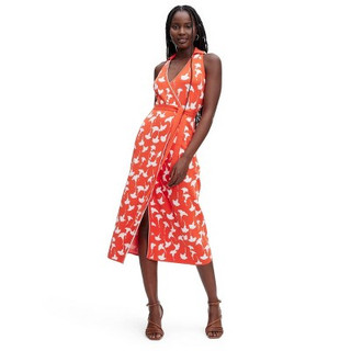 Women's Collared Sleeveless Ginkgo Cherry Tomato Sweaterknit Midi Wrap Dress - DVF XS
