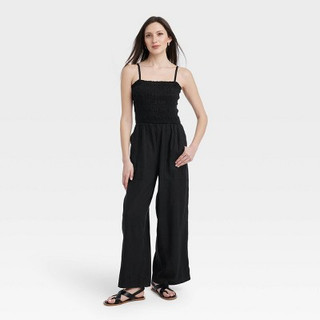 Women's Smocked Linen Maxi Jumpsuit - Universal Thread Black S