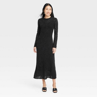 Women's Long Sleeve Maxi Pointelle Dress - A New Day Black S